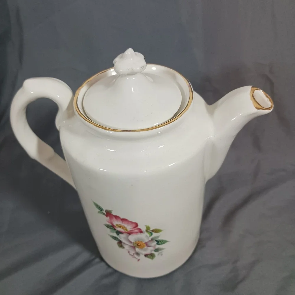 Vintage Floral Teapot Coffee Server White Good Gold Trim Wild Rose Cottagecore